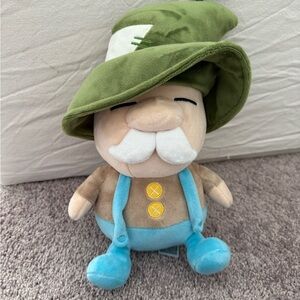 Honeymaru kawaii Sleepy Garden Gnome Plush Toy with Green Hat and Blue Overalls